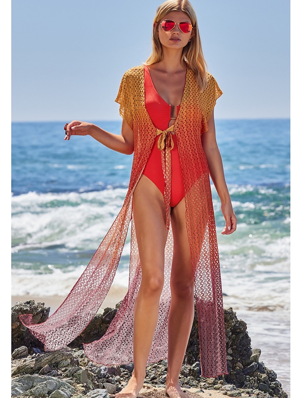 BECCA SUNSET Ombre Crochet Swim Cover-Up - Rust to Mauve